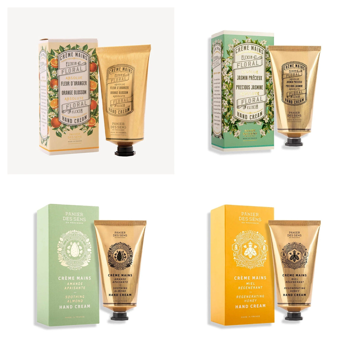 Pack 4 crèmes mains 75ml multi-senteurs - Jasmin, Fleur d'oranger, Miel, Amande - Panier des Sens