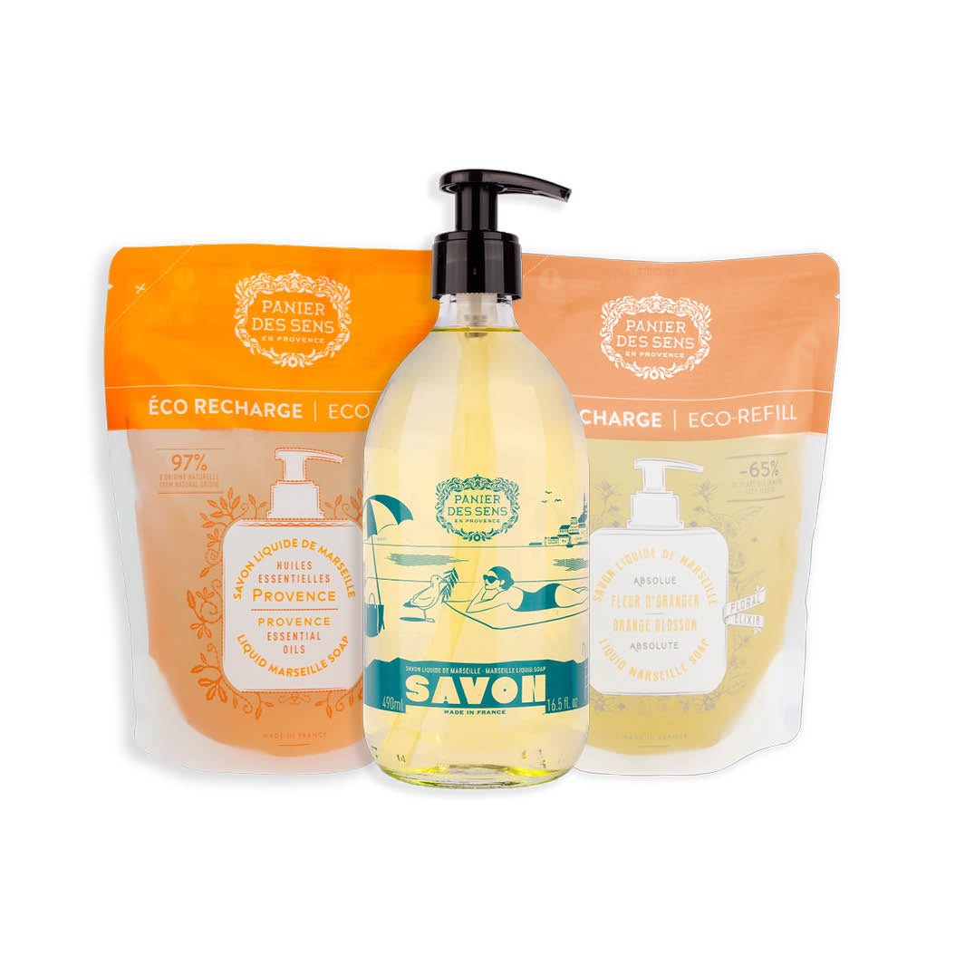 Savon liquide de Marseille Olive Édition limitée 25 ans + 2 recharges - Fleur d'Oranger, Provence - Panier des Sens