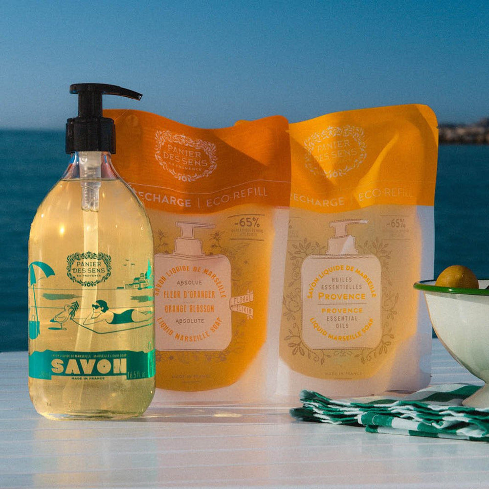 Savon liquide de Marseille Olive Édition limitée 25 ans + 2 recharges - Fleur d'Oranger, Provence - Panier des Sens