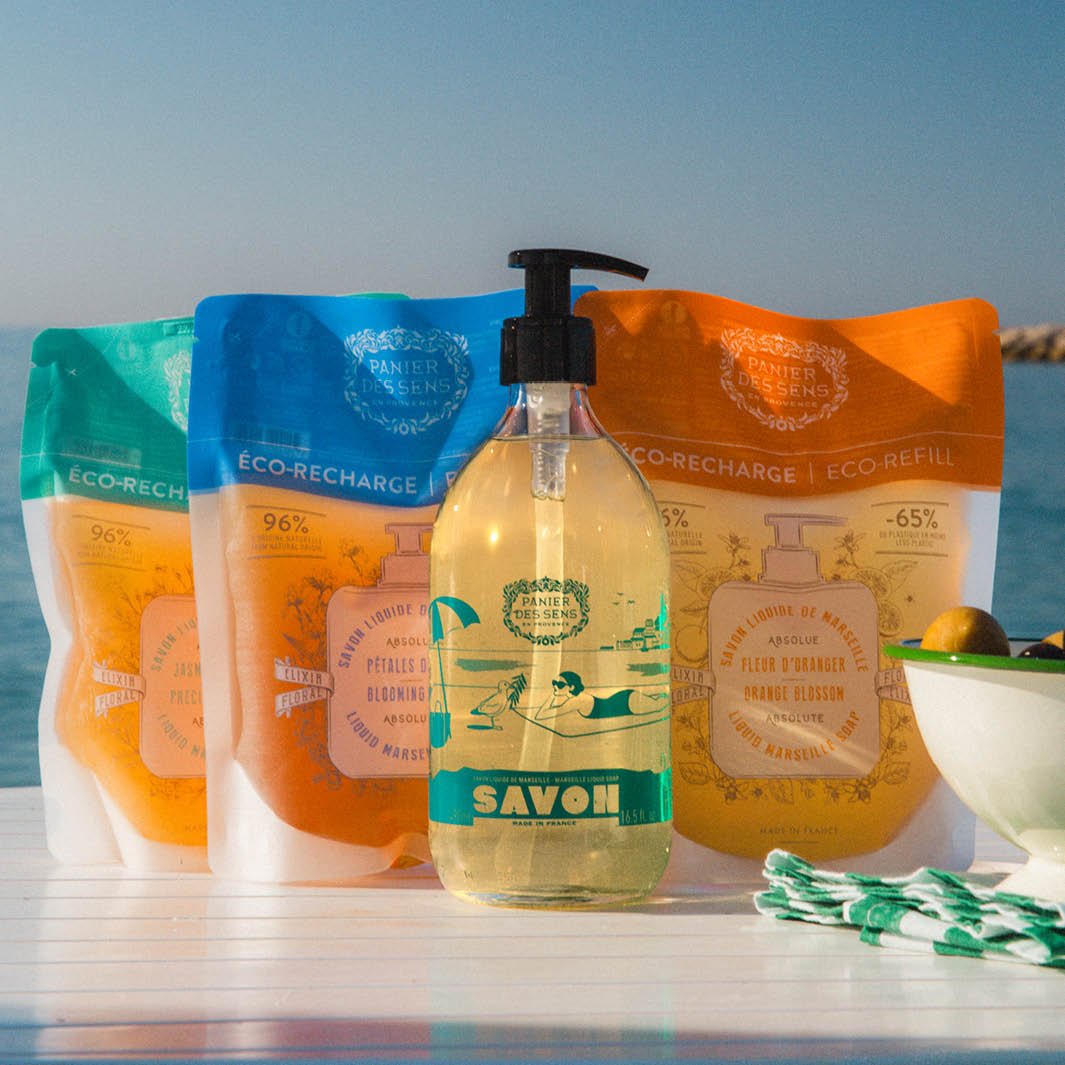 Savon liquide de Marseille Olive Édition limitée 25 ans + 3 recharges - Fleur d'Oranger, Verveine et Pétales d'iris - Panier des Sens