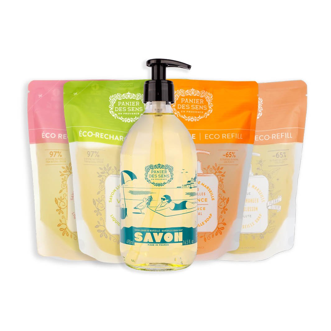Savon liquide de Marseille Olive Édition limitée 25 ans + 4 recharges - Fleur d'Oranger, Verveine, Rose et Provence - Panier des Sens